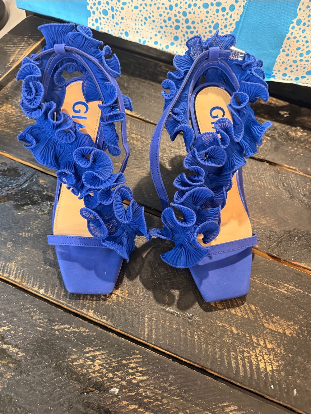 Brand new and GORGEOUS Gianni Bini Cobalt Ruffle Strap Heeled Sandals